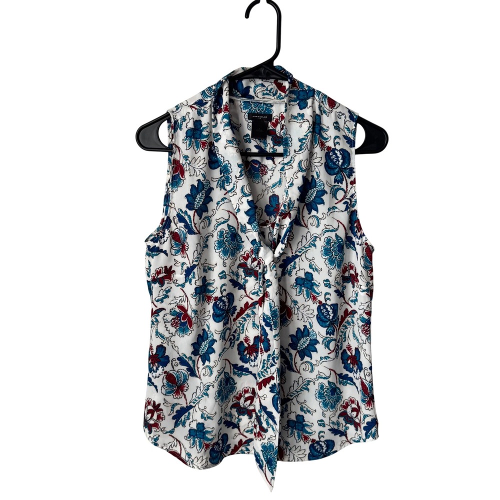 Ann Taylor Womens Small Blue Red Floral Tie Neck Sleeveless Blouse Top